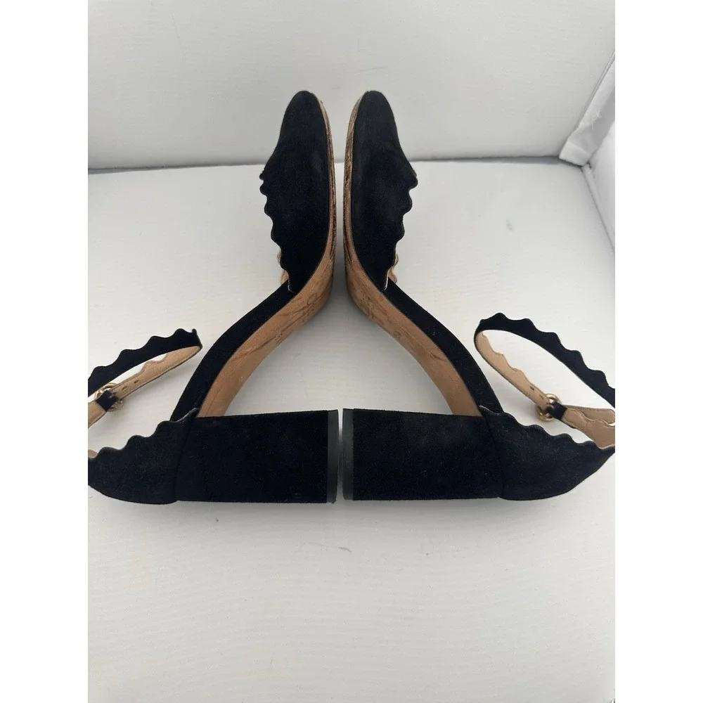 Chloe Black Suede Scalloped Ankle Strap Block Heels 35.5 Ballet Classic US 5.5‎